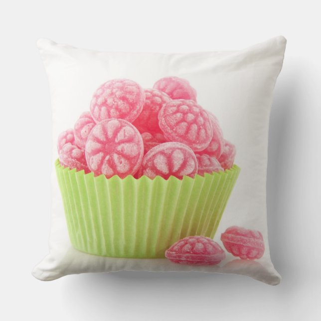 Raspberry tasty candy sweets in green cup cake throw pillow (Front)