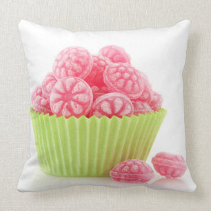 Raspberry tasty candy sweets in green cup cake throw pillow