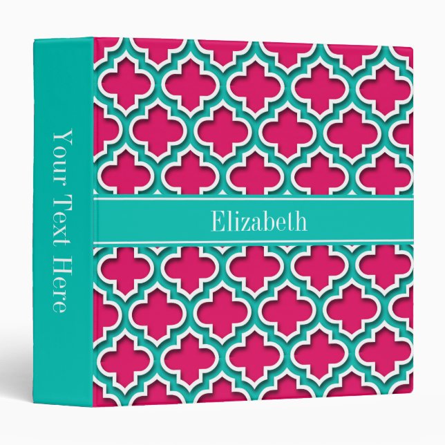 Raspberry, Teal Moroccan #5DS Teal Name Monogram 3 Ring Binder (Front/Spine)