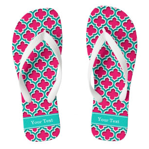 Raspberry, Teal Moroccan #5DS Teal Name Monogram Flip Flops