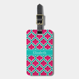 Raspberry, Teal Moroccan #5DS Teal Name Monogram Luggage Tag