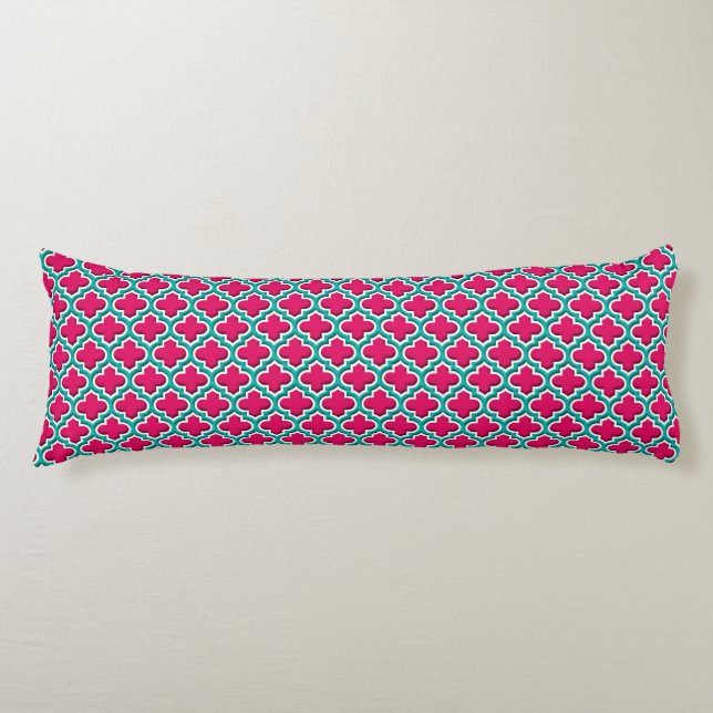 Raspberry Teal White Moroccan Quatrefoil #5DS Body Pillow (Front)