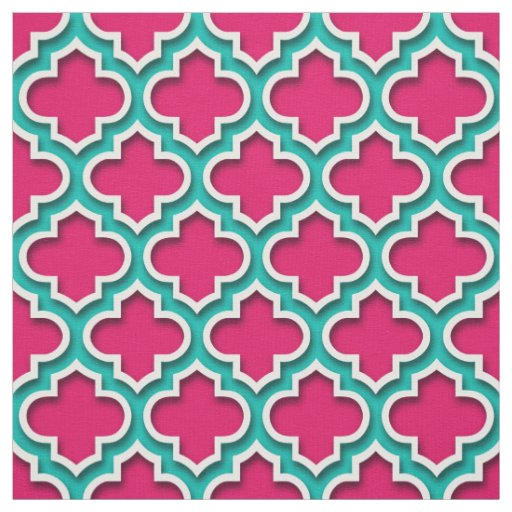 Raspberry Teal White Moroccan Quatrefoil #5DS Fabric