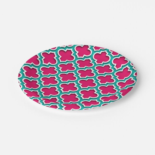 Raspberry Teal White Moroccan Quatrefoil #5DS Paper Plates (Angled)