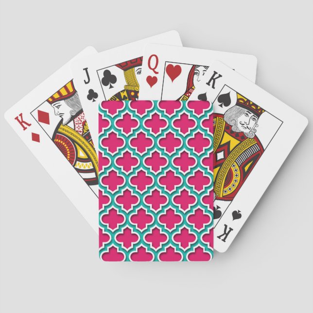 Raspberry Teal White Moroccan Quatrefoil #5DS Poker Cards (Back)