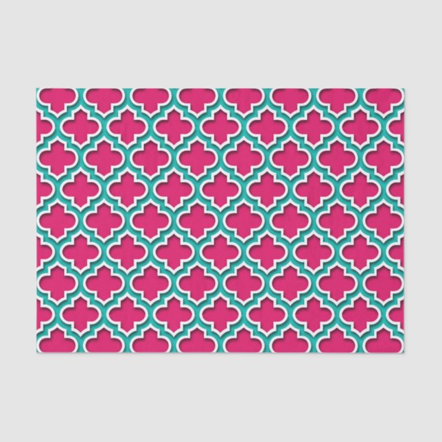 Raspberry Teal White Moroccan Quatrefoil #5DS Tissue Paper (Front)