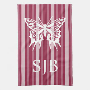 Raspberry Victorian Stripe with Butterfly Monogram Kitchen Towel