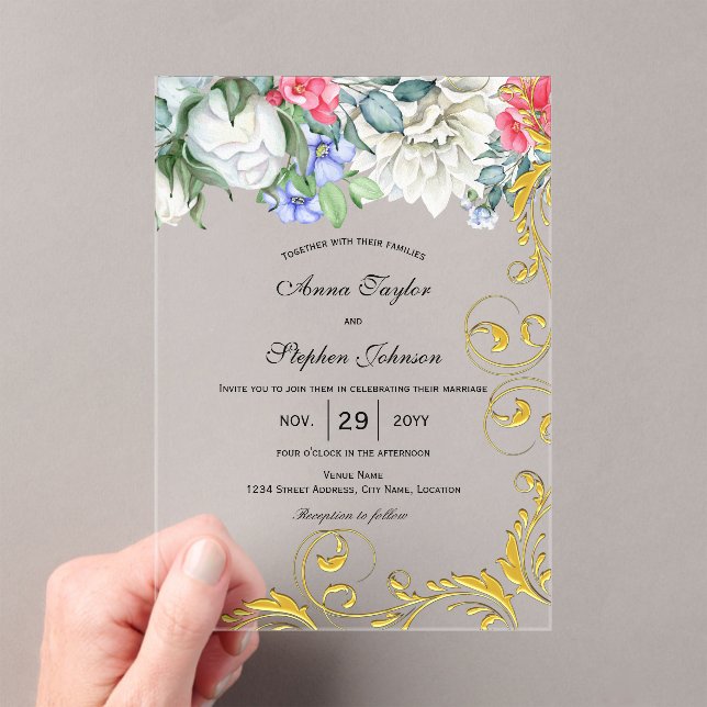 Raspberry White Blue Pink Gold Swirls Botanical Acrylic Invitations (Insitu (Handheld))