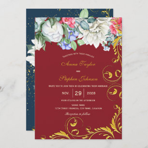 Raspberry White Blue Pink Gold Swirls Botanical Invitation