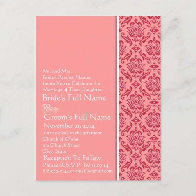 Raspberry & White Damask  Wedding Invitation (Front)