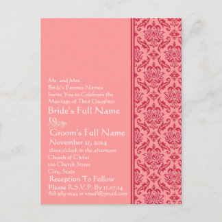 Raspberry & White Damask Wedding Invitation Postcard