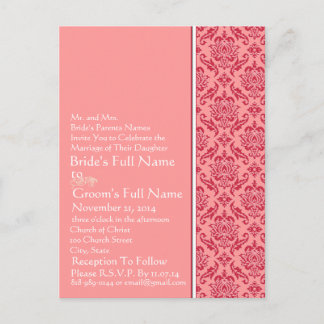 Raspberry & White Damask Wedding Invitation Postcard