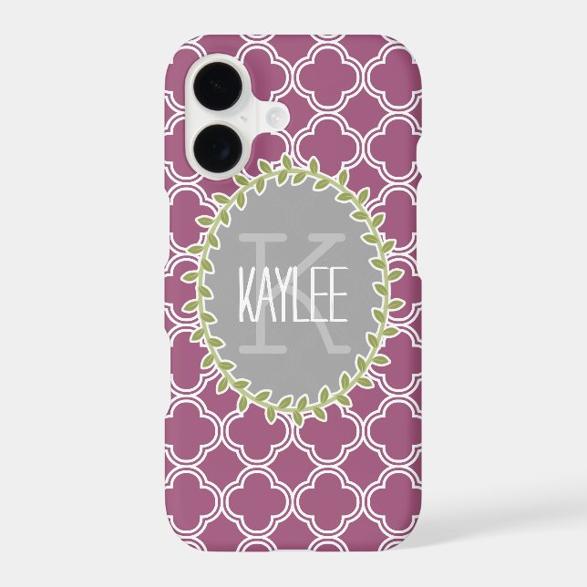 Raspberry White Lattice Pattern Monogrammed Vine Iphone Case (Back)