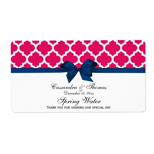 Raspberry White Moroccan Navy Bow Water Label