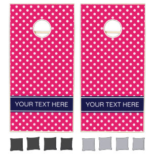 Raspberry White Polka Dots Navy Blue Name Monogram Cornhole Set