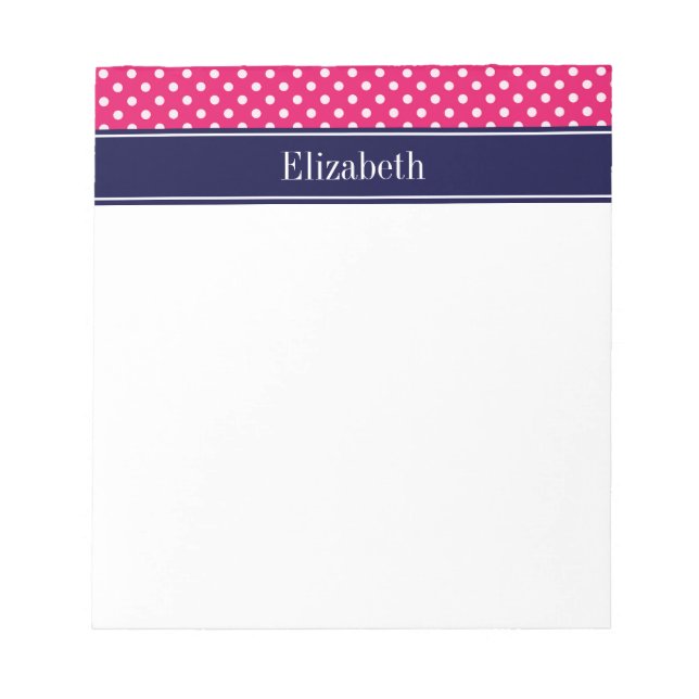 Raspberry White Polka Dots Navy Blue Name Monogram Notepad (Front)