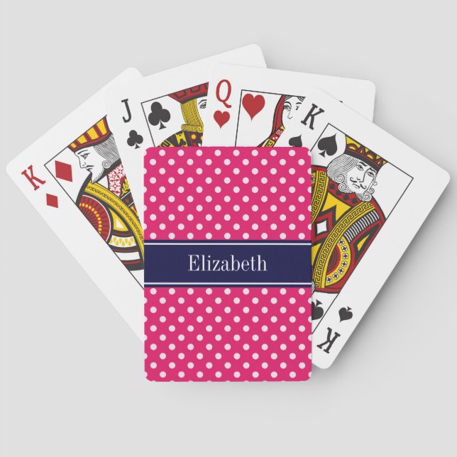 Raspberry White Polka Dots Navy Blue Name Monogram Poker Cards (Back)