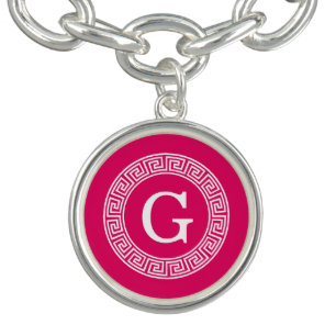 Raspberry Wht Greek Key Rnd Frame Initial Monogram Bracelet