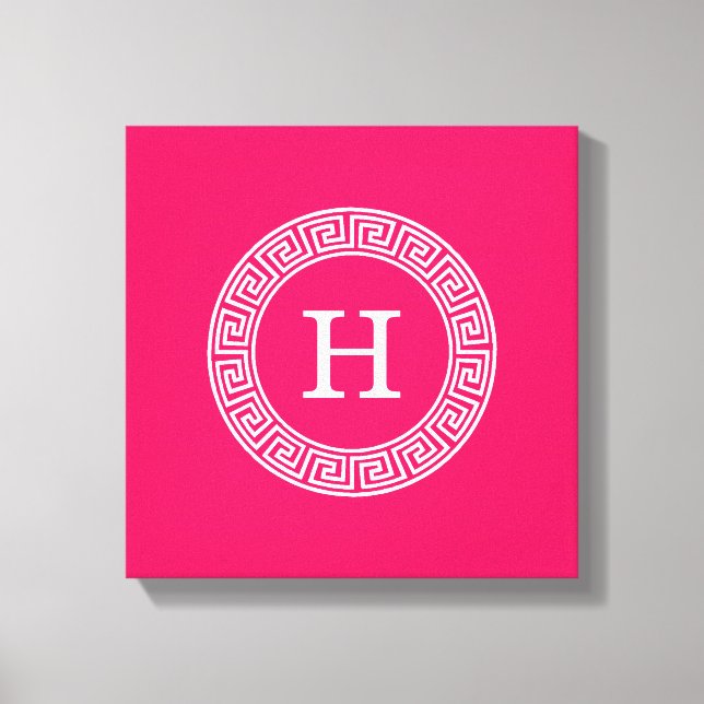 Raspberry Wht Greek Key Rnd Frame Initial Monogram Canvas Print (Front)