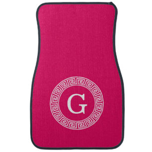 Raspberry Wht Greek Key Rnd Frame Initial Monogram Car Mat