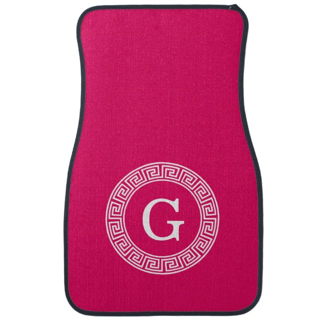 Raspberry Wht Greek Key Rnd Frame Initial Monogram Car Mat (Front)