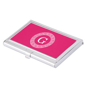 Raspberry Wht Greek Key Rnd Frame Initial Monogram Case For Business Cards