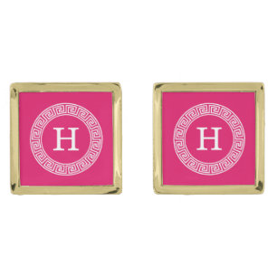 Raspberry Wht Greek Key Rnd Frame Initial Monogram Cufflinks