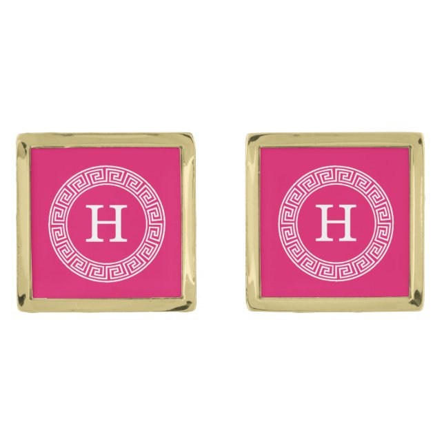 Raspberry Wht Greek Key Rnd Frame Initial Monogram Cufflinks (Front)