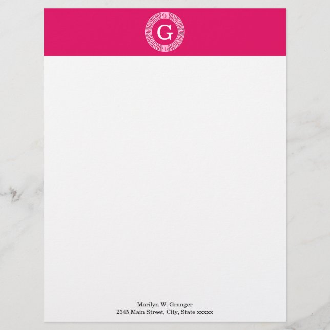 Raspberry Wht Greek Key Rnd Frame Initial Monogram Letterhead (Front)