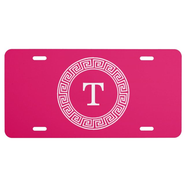 Raspberry Wht Greek Key Rnd Frame Initial Monogram License Plate (Front)