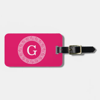 Raspberry Wht Greek Key Rnd Frame Initial Monogram Luggage Tag