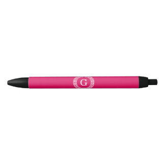 Raspberry Wht Greek Key Rnd Frame Initial Monogram Pen