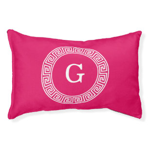 Raspberry Wht Greek Key Rnd Frame Initial Monogram Pet Bed
