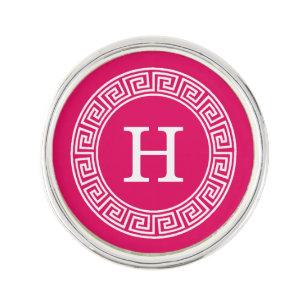 Raspberry Wht Greek Key Rnd Frame Initial Monogram Pin