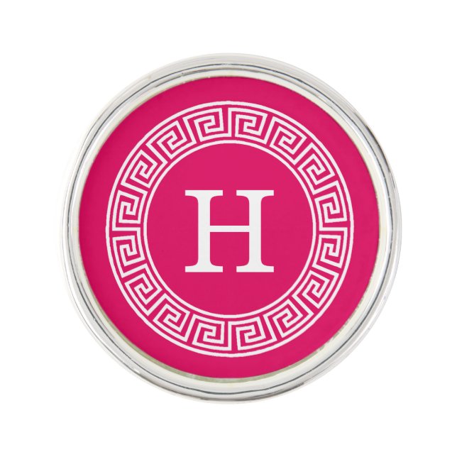 Raspberry Wht Greek Key Rnd Frame Initial Monogram Pin (Front)