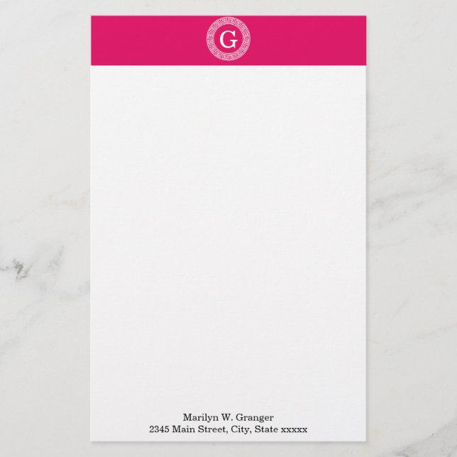 Raspberry Wht Greek Key Rnd Frame Initial Monogram Stationery (Front)