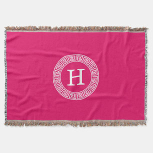 Raspberry Wht Greek Key Rnd Frame Initial Monogram Throw Blanket