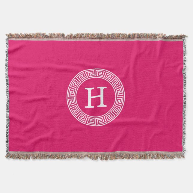 Raspberry Wht Greek Key Rnd Frame Initial Monogram Throw Blanket (Front)