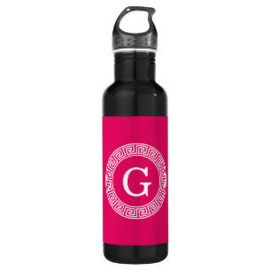 Raspberry Wht Greek Key Rnd Frame Initial Monogram Water Bottle