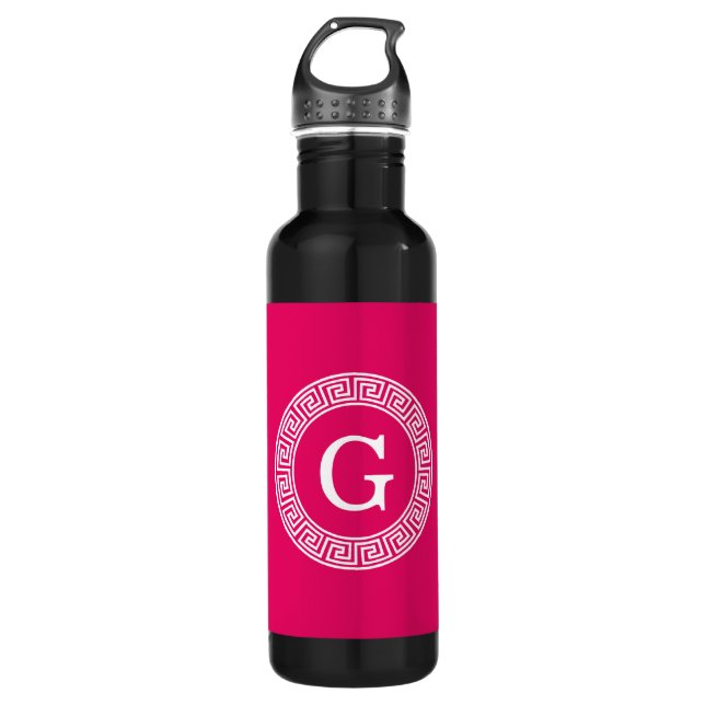 Raspberry Wht Greek Key Rnd Frame Initial Monogram Water Bottle (Front)
