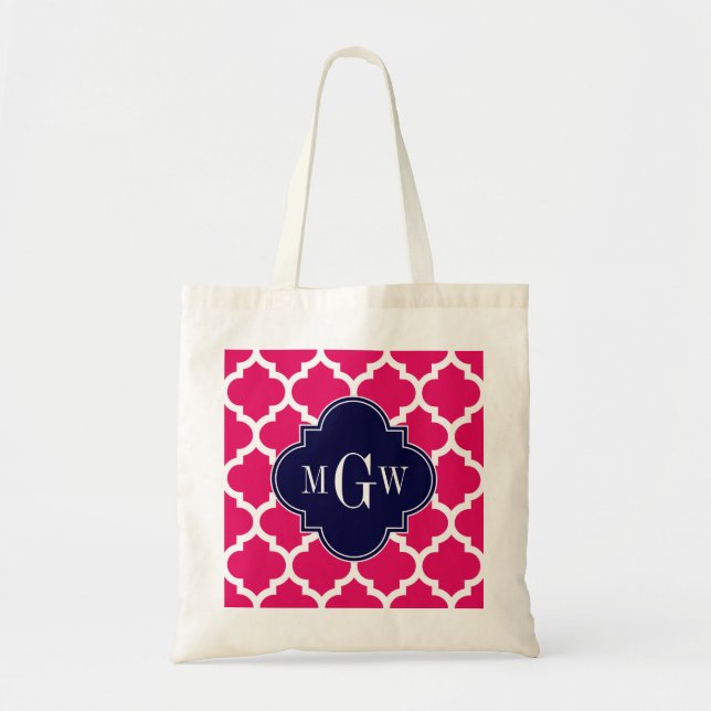 Raspberry Wht Moroccan #5 Navy 3 Initial Monogram Tote Bag (Front)
