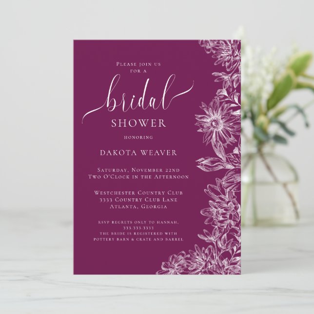 Raspberry Wine Line Drawn Floral Bridal Shower  Invitation (Standing Front)
