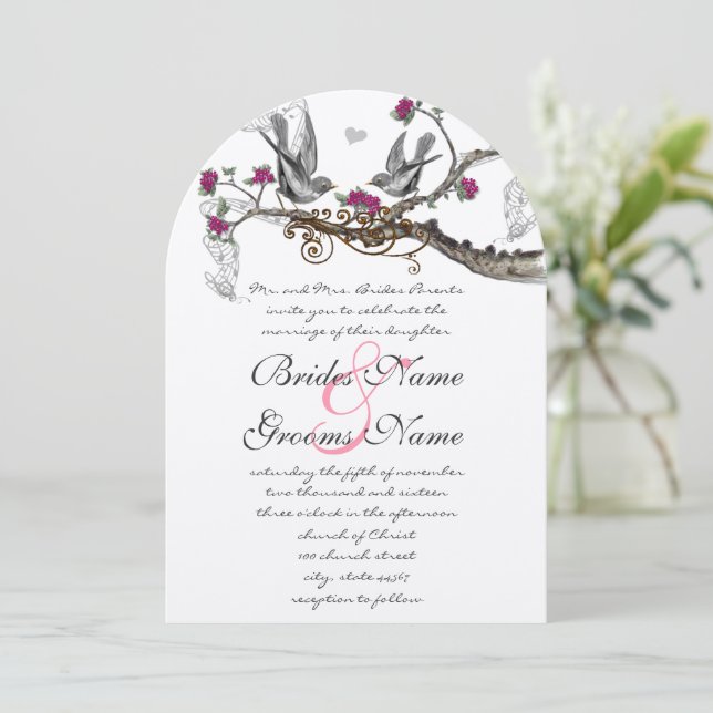 Raspberry Wine Vintage Birds Wedding Invitation (Standing Front)