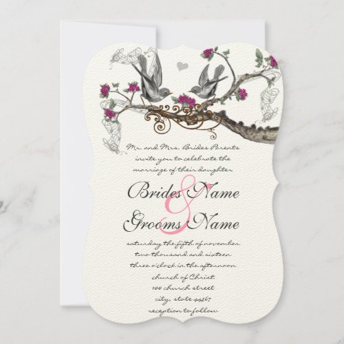 Raspberry Wine Vintage Birds Wedding Invitation