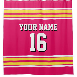 Raspberry with Yellow White Stripes Sports Jersey Shower Curtain