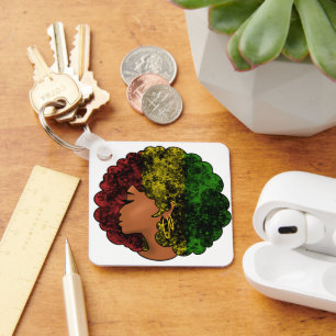 Rasta black girl woman afro red yellow green  keychain