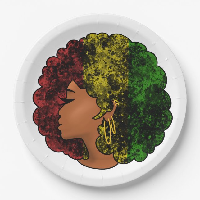 Rasta black girl woman afro red yellow green  paper plates (Front)