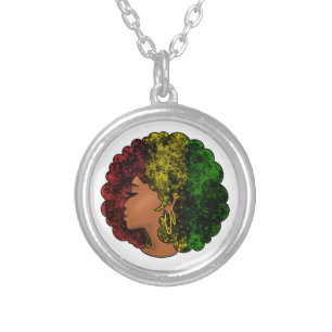 Rasta black girl woman afro red yellow green silver plated necklace