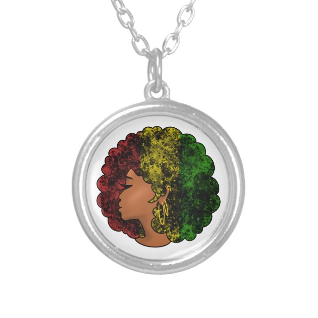 Rasta black girl woman afro red yellow green  silver plated necklace (Front)
