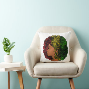 Rasta black girl woman afro red yellow green throw pillow